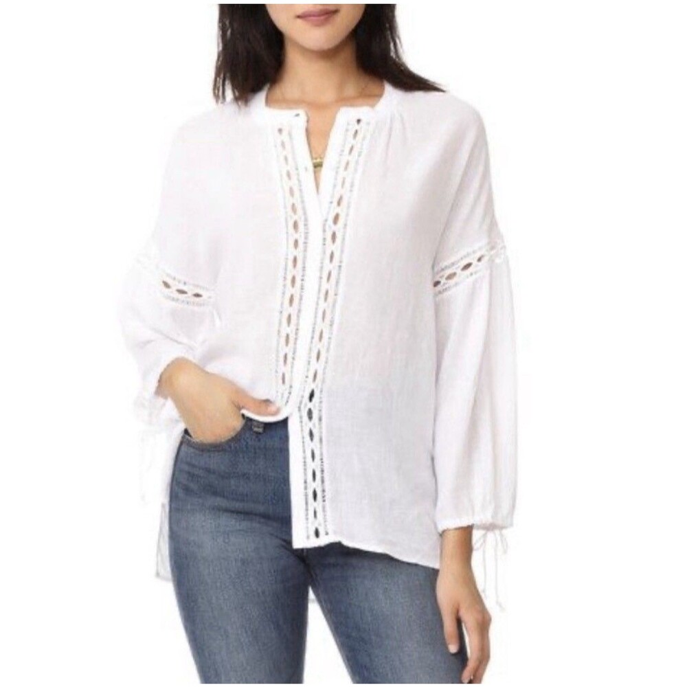 Rails Top Size XS Oversized Linen Top White Ladder Lace Bishop Sleeves The Reese
